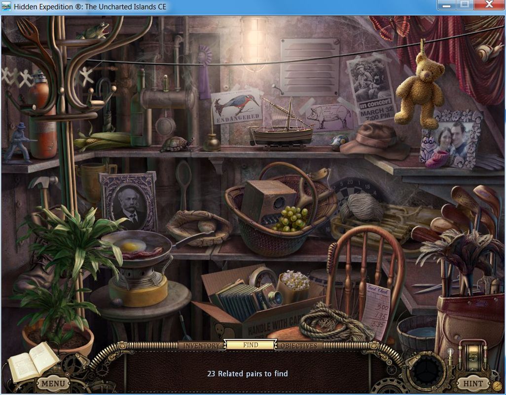 Hidden Expedition: The Uncharted Islands (Collector's Edition) (Windows) screenshot: Bonus chapter: window mode<br>An interesting variation of the hidden object is this 'Find the matching pairs' puzzle that's made more devious by hiding some objects behind others