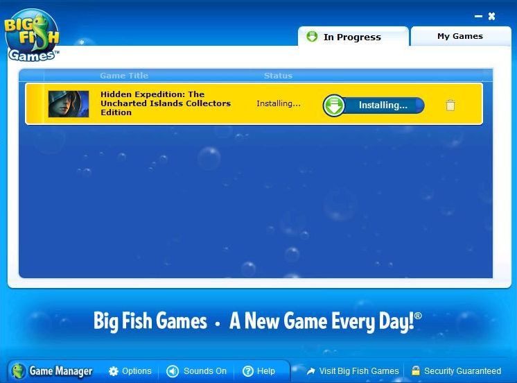 Hidden Expedition: The Uncharted Islands (Collector's Edition) (Windows) screenshot: THE UK Big Fish release installs via their game manager. It can be played via the game manager or via the desktop shortcut