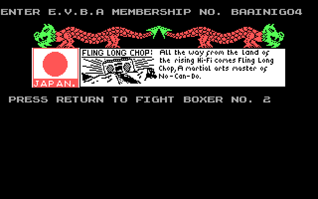 Frank Bruno's Boxing (DOS) screenshot: And in the Mixed-Up Stereotypes corner: Japanese boxer, faux-Chinese name, Korean martial art pun (Amstrad)