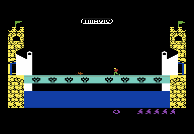 Dragonfire (VIC-20) screenshot: Crossing the bridge on level one