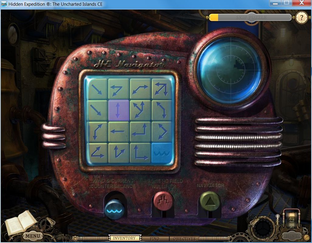 Hidden Expedition: The Uncharted Islands (Collector's Edition) (Windows) screenshot: Bonus chapter: window mode<br>Resetting the sub's GPS means solving three similar progressively more difficult puzzles. The player must get to the blue square by following the arrows