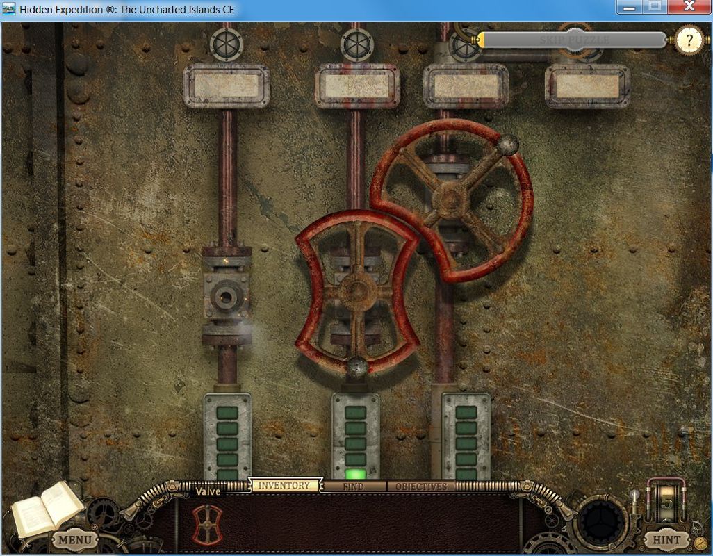 Hidden Expedition: The Uncharted Islands (Collector's Edition) (Windows) screenshot: Bonus chapter: window mode<br>Here the player has to find the missing piece then rotate the valves until all lights are lit