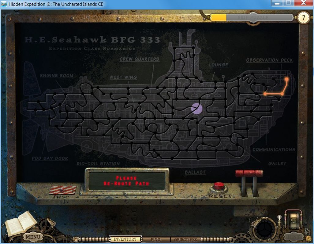 Hidden Expedition: The Uncharted Islands (Collector's Edition) (Windows) screenshot: Bonus chapter: window mode<br>This is HASSEL an on-board submarine diagnostic. Three separate puzzles here recreating a path from A to B node by node.
