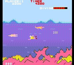 Jungle Hunt (Arcade) screenshot: Swimming with the alligators