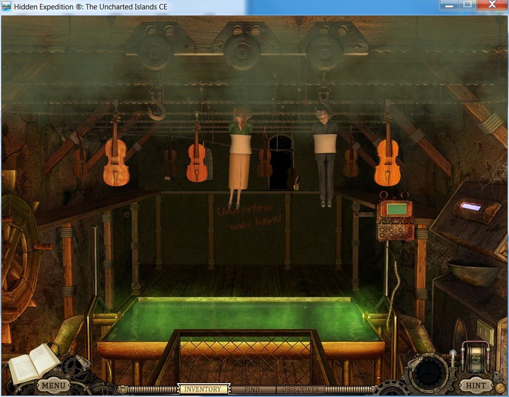 Hidden Expedition: The Uncharted Islands (Collector's Edition) (Windows) screenshot: Main game: windowed mode<br>This is from one of the final scenes of the game. These two people must be rescued, who knew a violin factory needed an acid bath this size?