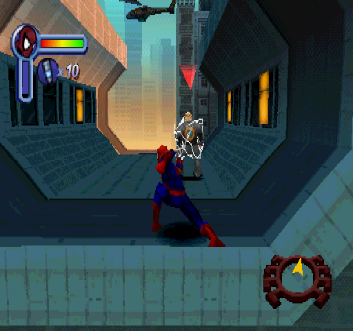 Spider-Man (PlayStation) screenshot: Shootin' web to the Henchman.