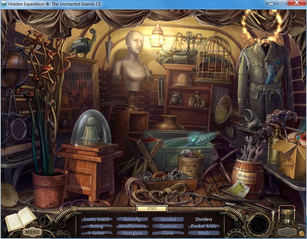 Hidden Expedition: The Uncharted Islands (Collector's Edition) (Windows) screenshot: Bonus chapter: window mode<br>Another hidden object scene this time showing the hint system in use