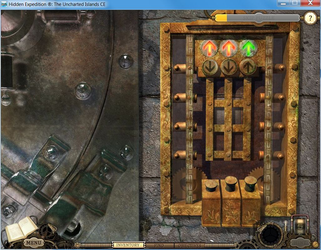 Hidden Expedition: The Uncharted Islands (Collector's Edition) (Windows) screenshot: Bonus chapter: window mode<br>To open the massive modern vault the player must press the three keys in the right order. This causes the arrows to rise, if all three point upwards the vault opens