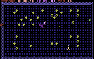 Spectipede (Commodore 16, Plus/4) screenshot: Blast the mushrooms.