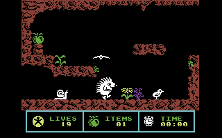 Spiky Harold (Commodore 64) screenshot: Apple in the top corner.