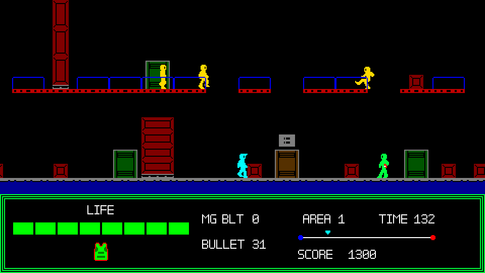 Rolling Bird (Windows) screenshot: Enter the brown store room to refill ammo. Watch out for the green guy - he throws grenades!