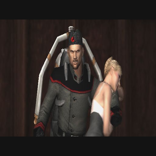 007: From Russia with Love (PlayStation 2) screenshot: A cinematic insert<br>The baddie escapes with the Prime Minister's daughter using a jetpack.<br>Wake up girl! His hands are full so what's stopping you from getting away?
