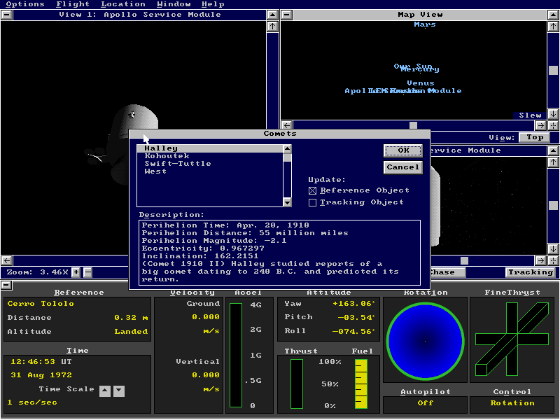 Microsoft Space Simulator (DOS) screenshot: panel