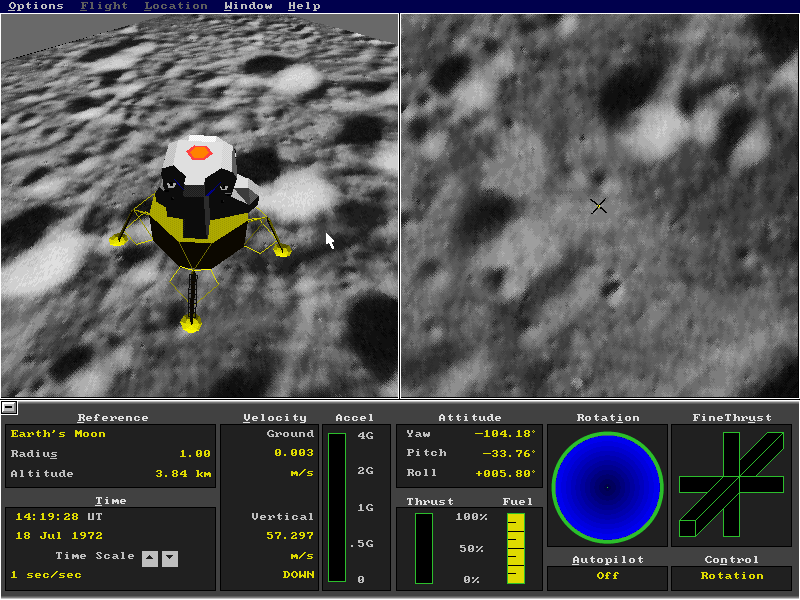 Microsoft Space Simulator (DOS) screenshot: Apollo 11 mission
