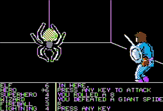 Dungeon! Computer Adventure Game (Apple II) screenshot: A Giant Spider Attacks