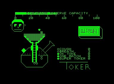 Toker (Commodore PET/CBM) screenshot: The mouth of the protagonist portrays how close he is to coughing. Still a bit off here.