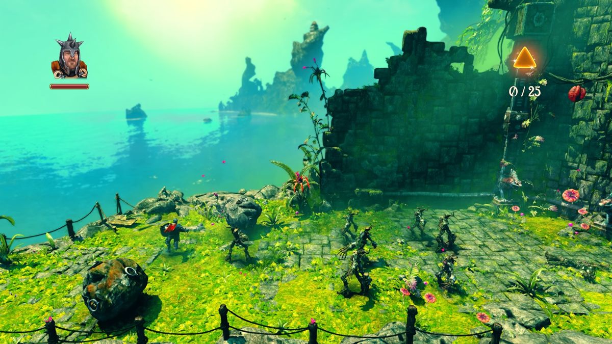 Trine 3: The Artifacts of Power (PlayStation 4) screenshot: Pontius can play bowling by hurling boulder at monsters