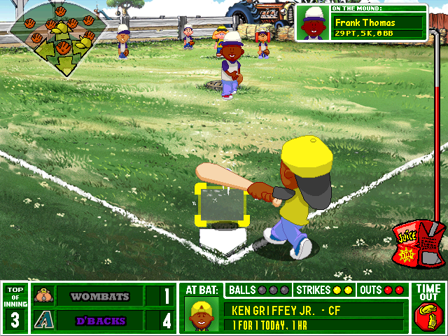 Backyard Baseball 2003 (Windows) screenshot: The Big Freeze freezes the ball just before it crosses the home plate.