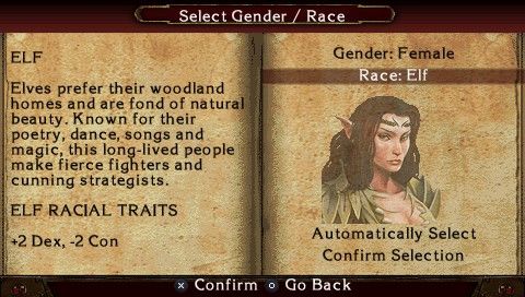 Dungeons & Dragons Tactics (PSP) screenshot: Select your race and gender