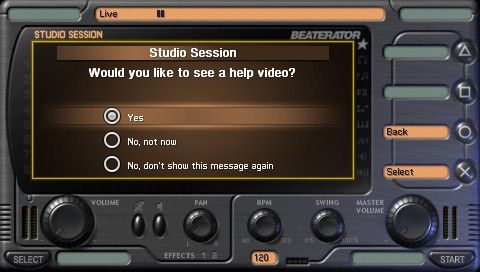 Beaterator (PSP) screenshot: Starting a session in the studio mode