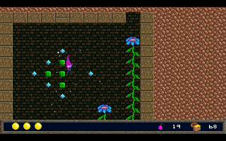 Jasper's Journeys (DOS) screenshot: These blue flowers act as trampolines, allowing Jasper to jump higher. Much of the gameplay involves carefully timed jumps.