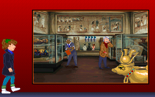 Eagle Eye Mysteries in London (DOS) screenshot: Egyptian exhibit at the museum. In fact, quite a lot of puzzles have Egyptian motifs.