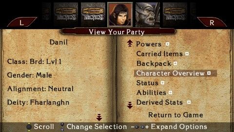 Dungeons & Dragons Tactics (PSP) screenshot: Party sheet