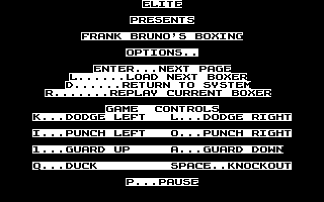 Frank Bruno's Boxing (DOS) screenshot: Starting menu screen
