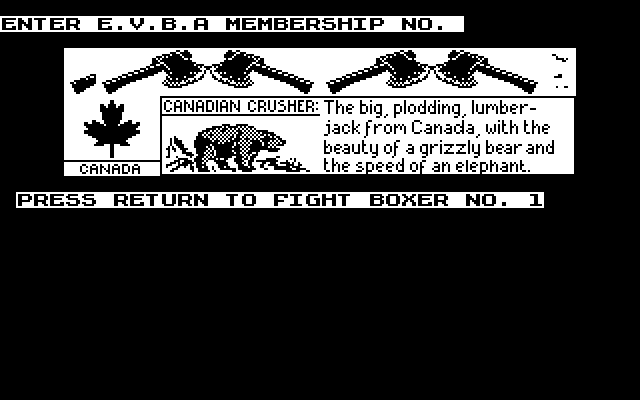 Frank Bruno's Boxing (DOS) screenshot: Opponent introduction for Canadian Crusher