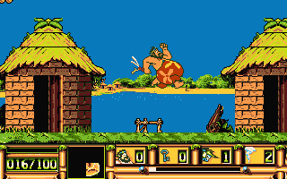 Les aventures de Carlos (DOS) screenshot: Jumping near the houses. Carlos may enter the opened doors.