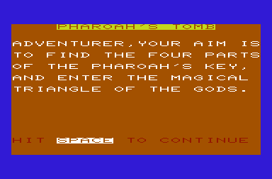 Pharaoh's Tomb (VIC-20) screenshot: Instructions