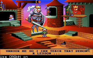 Gobliins 2: The Prince Buffoon (DOS) screenshot: The Armory: Gobliins 2 doesnt squander words. Dialogues are short and mostly meaningless.