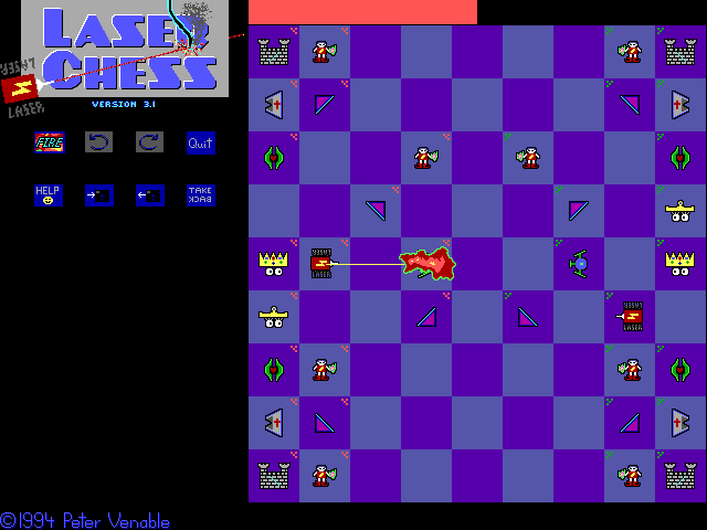 Laser Chess (DOS) screenshot: Shooting a pawn with a laser.