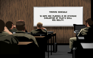 TFX (DOS) screenshot: The class in session. The pilots are expected to be able to fly already, so the training is not basic flying, but straight into simulated battle.