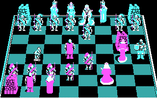 Battle Chess (DOS) screenshot: The computer is thinking about its move. Wait... (CGA)