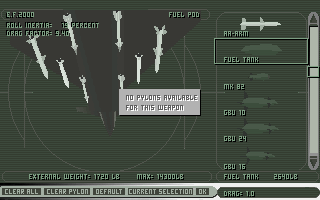 TFX (DOS) screenshot: The position of the load-up has weight and inertia limits, here we have only eight missiles with the heavy ones on the outer pylons.