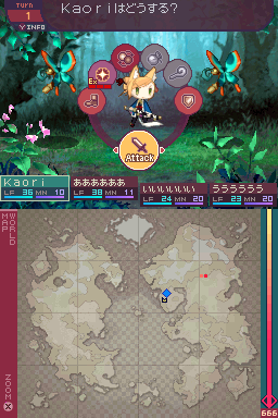 7th Dragon (Nintendo DS) screenshot: Battle; choosing a character's actions from a wheel.