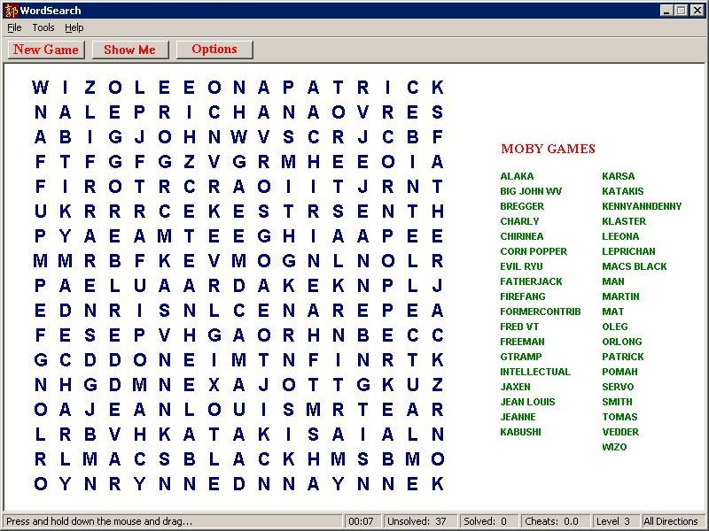 WordSearch (Windows) screenshot: A Moby Games word search puzzle