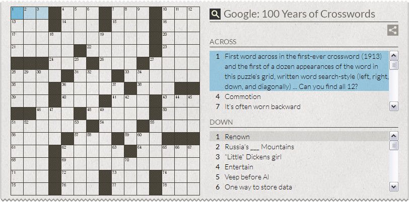 100th Anniversary of the Crossword Puzzle (Browser) screenshot: The screen expands into an interactive crossword puzzle.