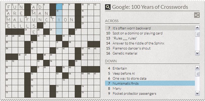 100th Anniversary of the Crossword Puzzle (Browser) screenshot: When you click the puzzle, it will jump to and highlight that clue.