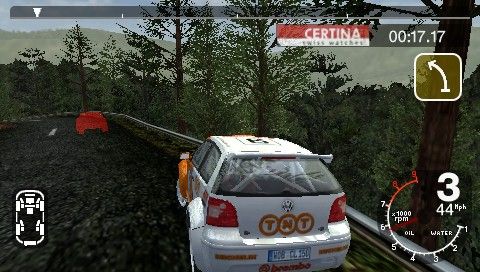 Colin McRae Rally 2005 Plus (PSP) screenshot: A ghost car leads the way.