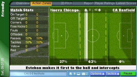 Championship Manager (PSP) screenshot: You can also view a match this way, with the vertical line showing where the action is.