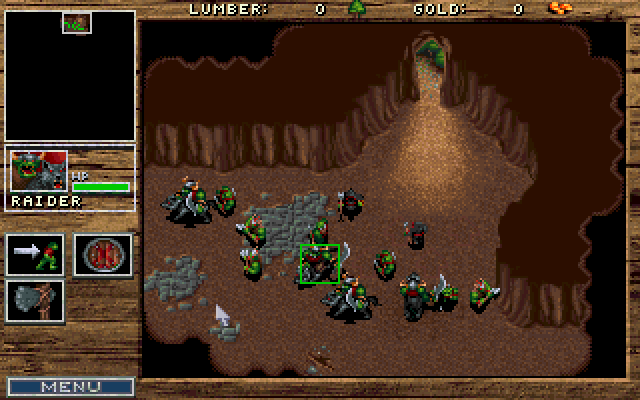 WarCraft: Orcs & Humans (DOS) screenshot: Entering the cave means you won't get any extra reinforcements (unless raising dead or being able to summon).