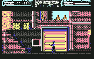 RoboCop (Commodore 64) screenshot: Murphy, you're looking the wrong way. The shooters are above you