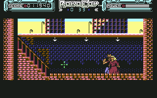 RoboCop (Commodore 64) screenshot: Deal with the man holding the woman hostage