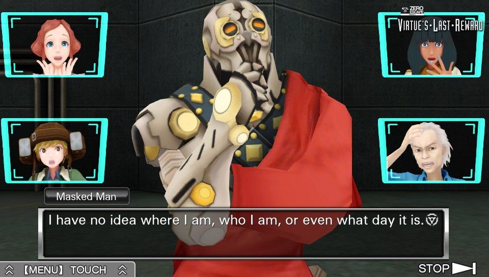 Zero Escape: Volume 2 - Virtue's Last Reward (PS Vita) screenshot: This masked man seemed to have lost his memory, or so he claims.