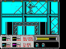 RoboCop (ZX Spectrum) screenshot: Cobra Assault Cannon, state of the art, bang bang