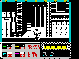 RoboCop (ZX Spectrum) screenshot: Robo automatically walk up the alleyway at the end of the level