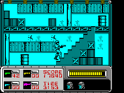 RoboCop (ZX Spectrum) screenshot: Inside the drug factory you need to climb the stairs to get through the level