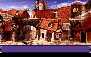 Goblins Quest 3 (DOS) screenshot: Character interaction: The snake Fulbert forms a bridge, allowing Blount to cross to the other roof.